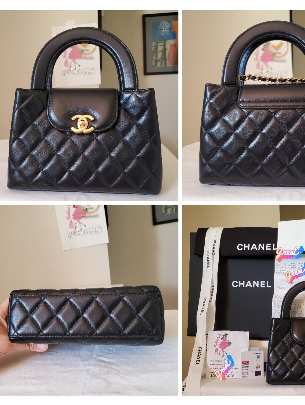 Chanel Kelly Shopping Bag Black Lambskin Gold Hw Receipt, Tag